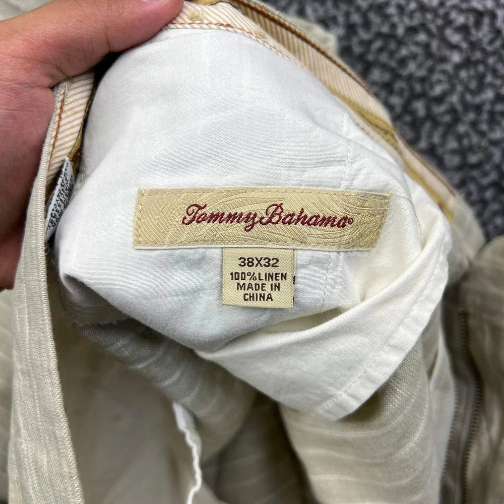 Tommy Bahama Dress Pants Men 40x32 Beige Striped 100% Linen Flat Front Relaxed